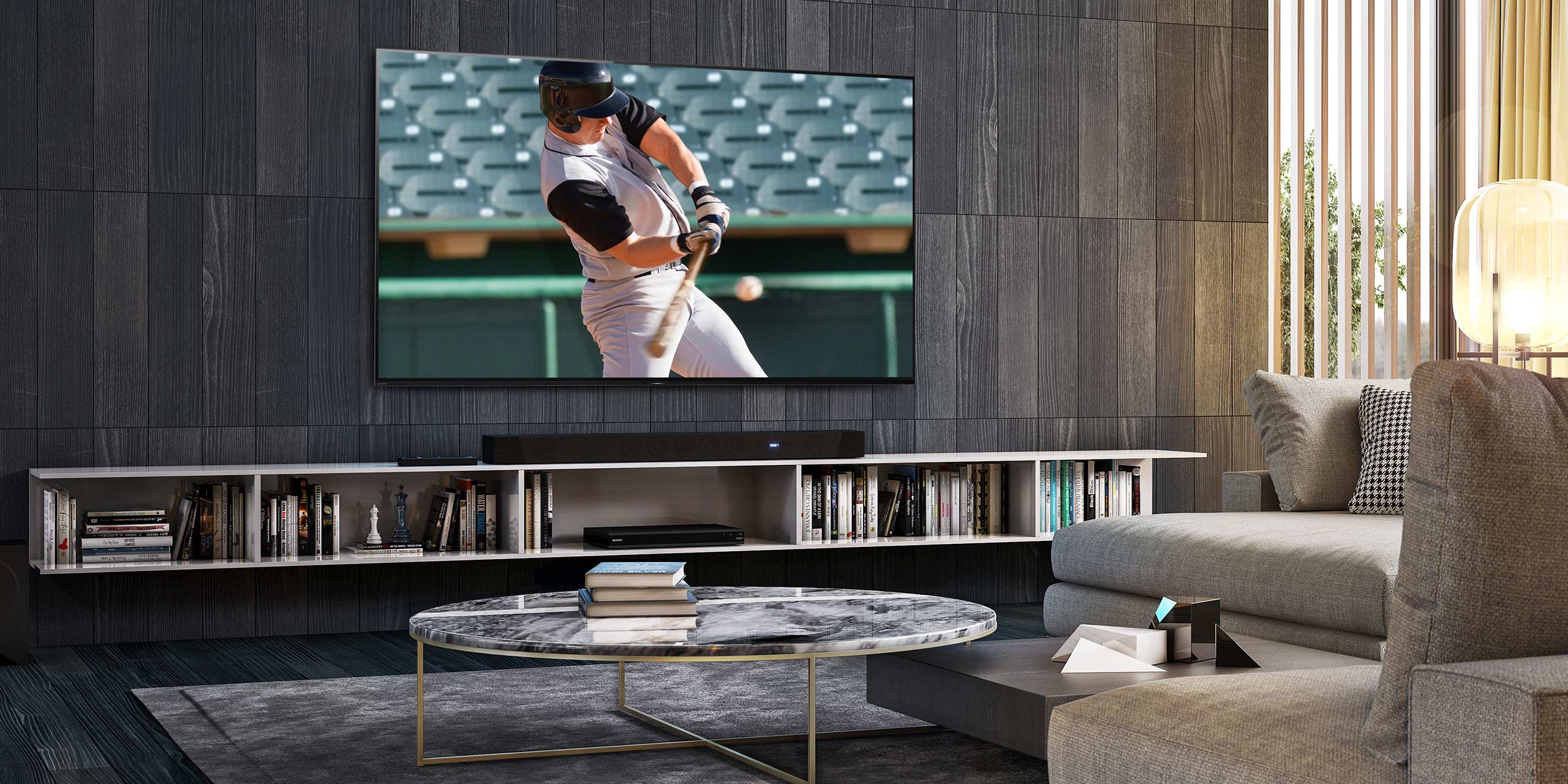 sony image of large screen tv on grey wooden wall