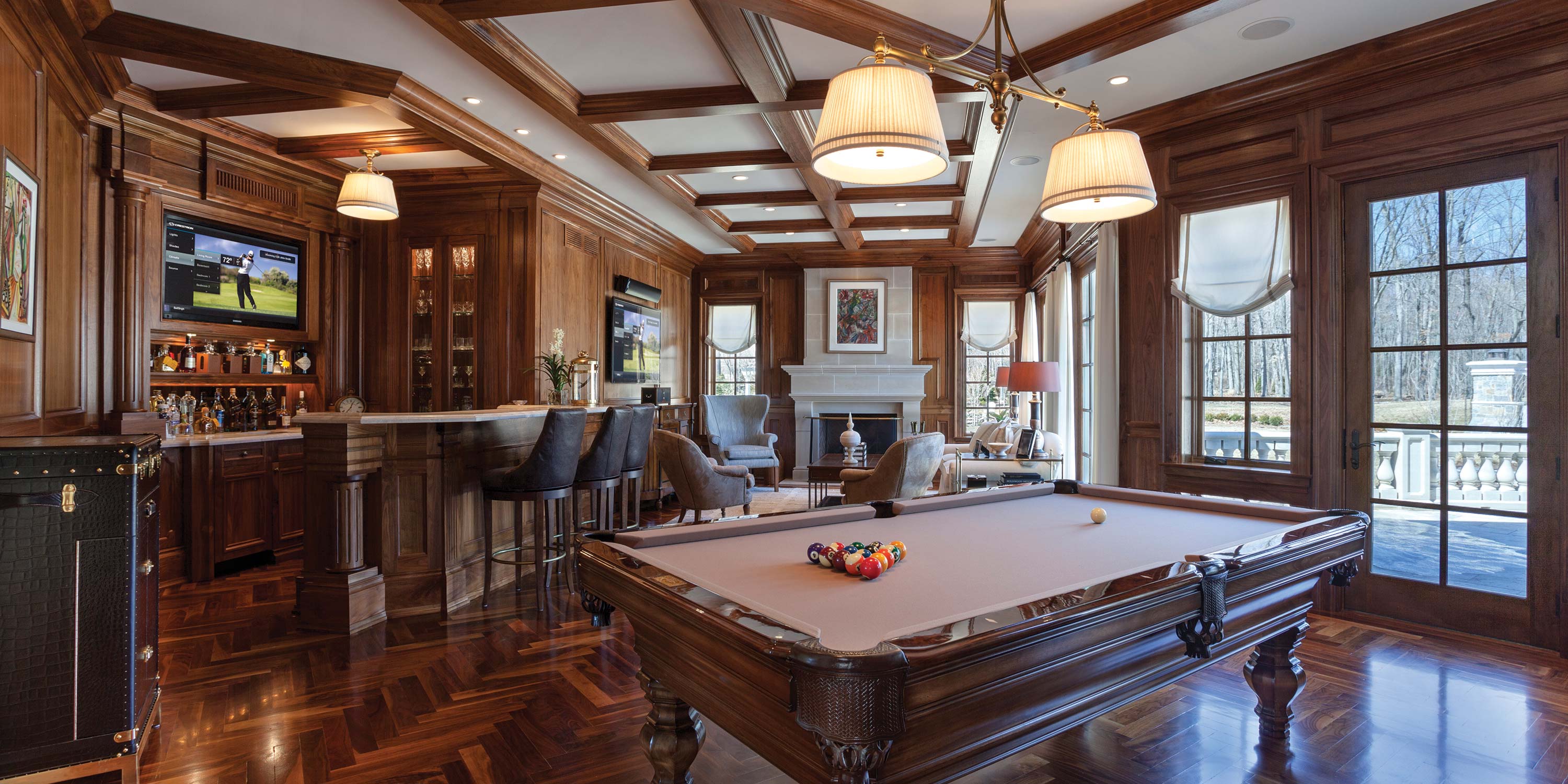 wooden accents in bar room, crestron technology