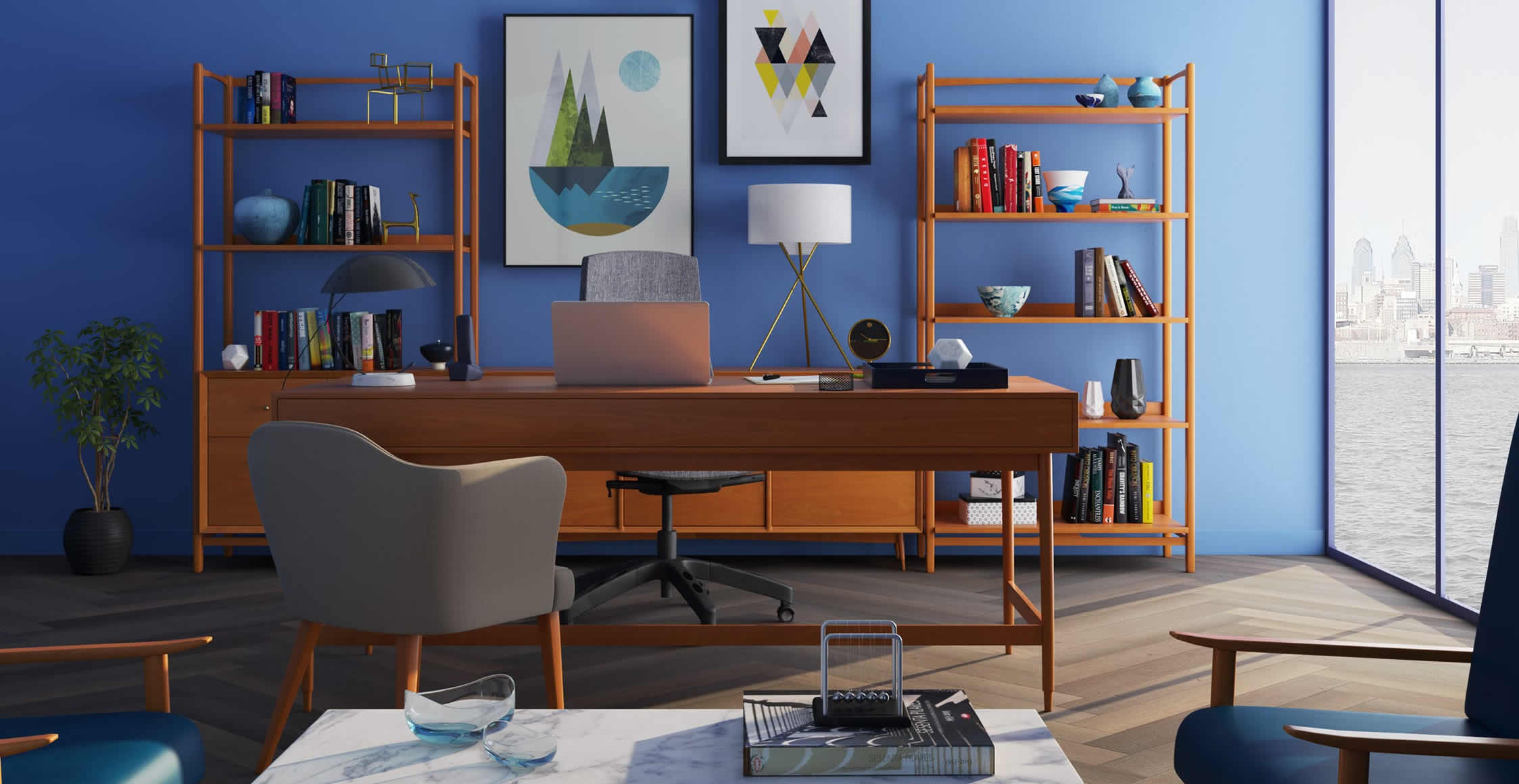 Modern blue‑toned office with wooden furniture, large desk, bookshelves, and city skyline view.