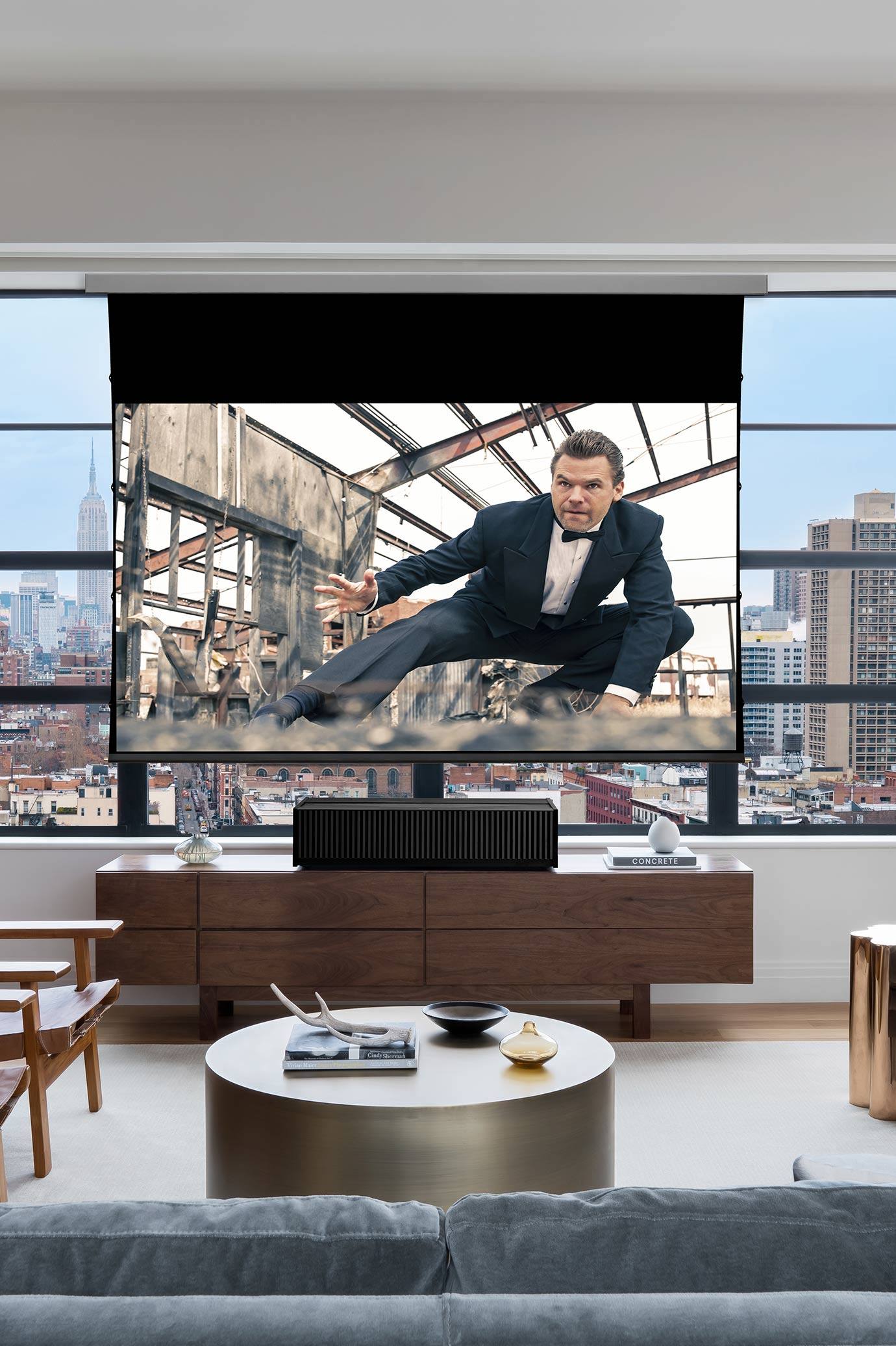 Sony technology with a pulldown projector screen