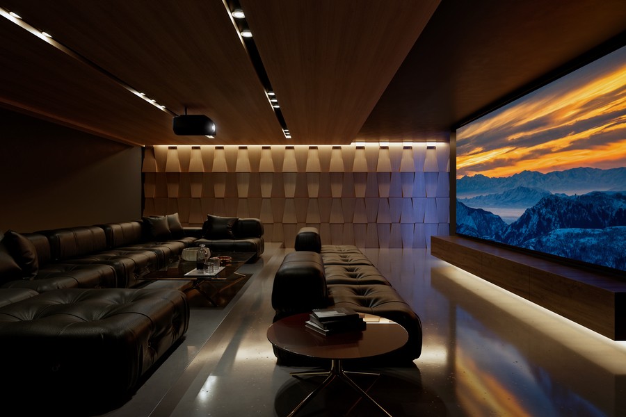 Elegant custom home theater in Danville, CA, with leather seating, ambient lighting, and a large screen displaying a mountain sunset.