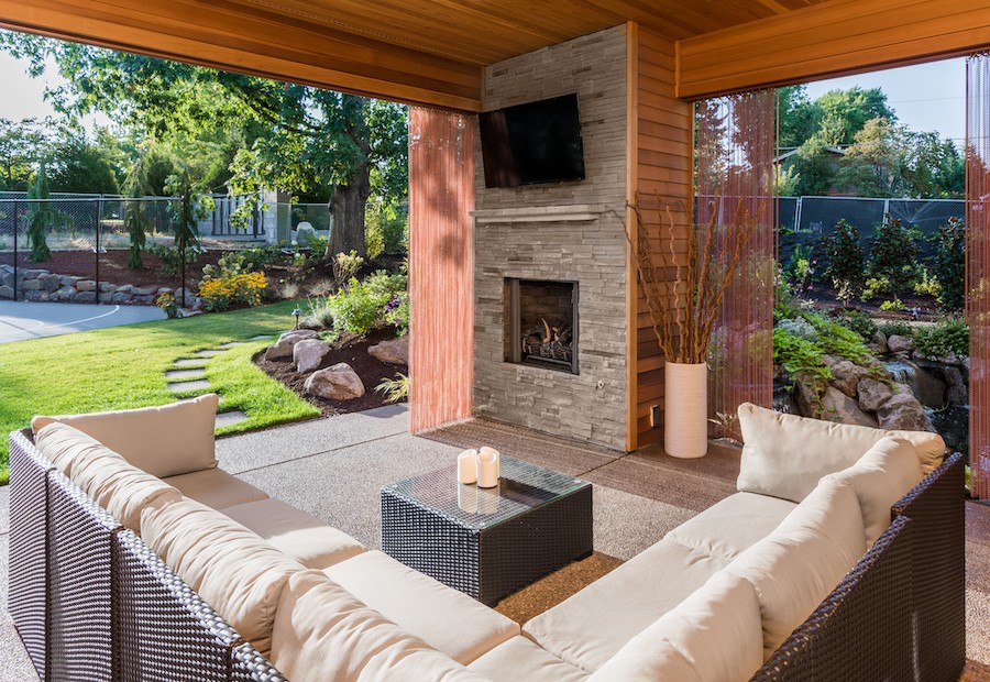 A beautiful patio space with an outdoor TV.