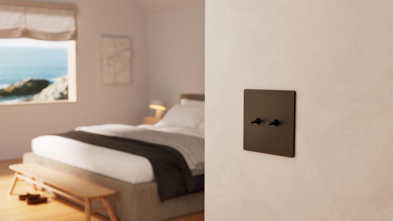 Modern bedroom with ocean view and dual toggle light switch on wall