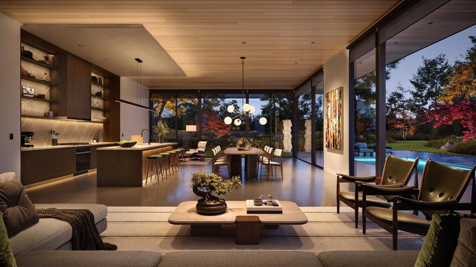 Open concept living and dining space with modern lighting and pool view