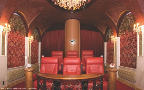 home theater with red seating and walls